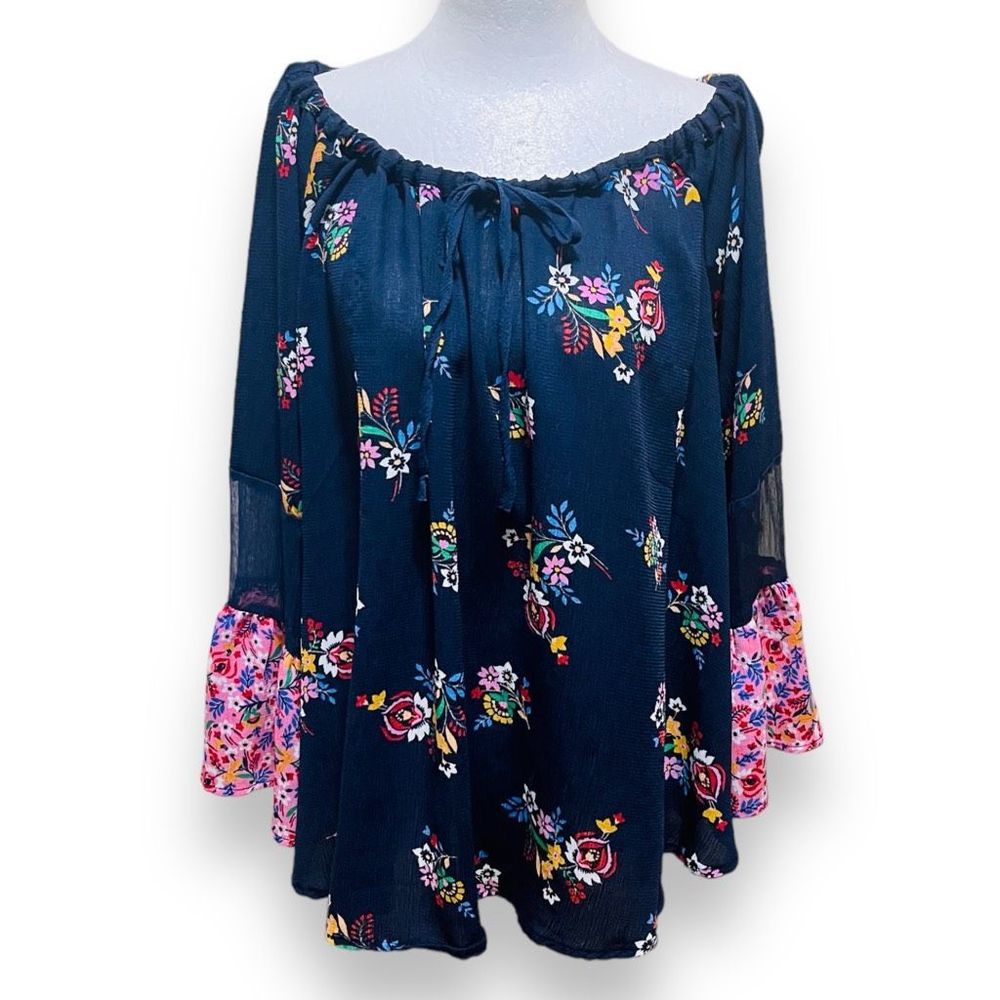 Rocks & Indigo Peasant Blouse Women Large Multi Color Gauzy Bell Sleeve Cottage